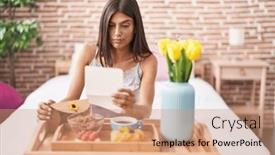  Presentation with breakfast - Theme having brunette-young-woman-eating-breakfast background and a  colored foreground