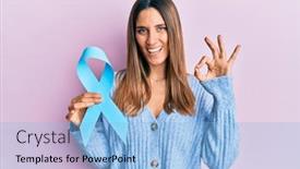  Presentation with blue ribbon symbol - Cool new theme with brunette-young-woman-holding-blue backdrop and a light blue colored foreground
