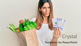  Presentation with negative - PPT theme featuring brunette-young-woman-holding-groceries background and a lemonade colored foreground