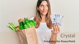  Presentation with thinking - Cool new slide set with brunette-young-woman-holding-groceries backdrop and a lemonade colored foreground
