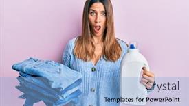  Presentation with laundry detergent - Beautiful slide deck featuring brunette-young-woman-holding-jeans backdrop and a light blue colored foreground