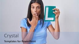  Presentation with driver - PPT theme having brunette-young-woman-holding-l background and a light blue colored foreground