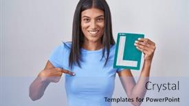  Presentation with driver - Presentation consisting of brunette-young-woman-holding-l background and a light blue colored foreground