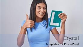  Presentation with driver - Theme featuring brunette-young-woman-holding-l background and a light blue colored foreground