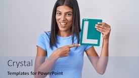  Presentation with driver - Slide deck with brunette-young-woman-holding-l background and a light blue colored foreground