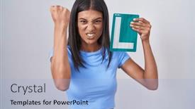  Presentation with anger - Slide deck consisting of brunette-young-woman-holding-l background and a  colored foreground