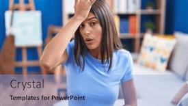  Presentation with memory - Presentation theme enhanced with brunette-young-woman-sitting background and a light blue colored foreground