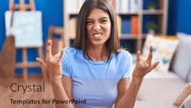  Presentation with rock music - Presentation theme enhanced with brunette-young-woman-sitting background and a coral colored foreground