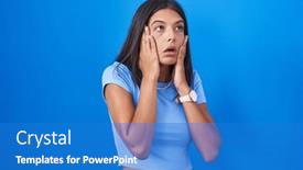  Presentation with sadness - Slide set with brunette-young-woman-standing-over background and a teal colored foreground