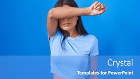  Presentation with sad woman - Slide set enhanced with brunette-young-woman-standing-over background and a teal colored foreground