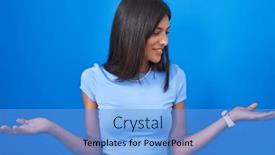  Presentation with woman hands open - Slides having brunette-young-woman-standing-over background and a teal colored foreground