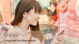  Presentation with credit card - Colorful slide deck enhanced with brunette-young-woman-with-loyalty backdrop and a coral colored foreground