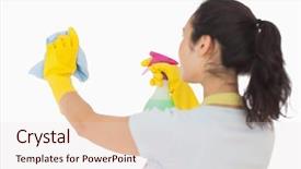  Presentation with rubber gloves - Audience pleasing presentation theme consisting of brunetter woman spraying and wiping backdrop and a lemonade colored foreground
