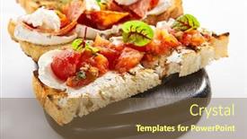  Presentation with appetizers - Theme having bruschetta-with-baked-tomatoes-closeup background and a tawny brown colored foreground