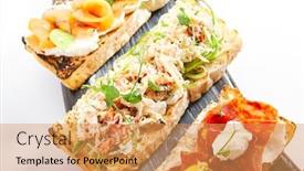 Presentation with snack food - Beautiful slide deck featuring bruschetta-with-crab-and-cucumber backdrop and a yellow colored foreground