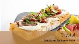  Presentation with snack food - PPT theme having bruschetta-with-pastrami-closeup-view background and a gold colored foreground