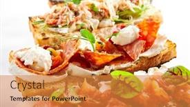  Presentation with chorizo - Colorful PPT layouts enhanced with bruschettas-with-seafood-and-vegetables backdrop and a gold colored foreground