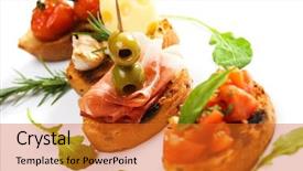  Presentation with appetizer - Presentation design enhanced with bruschette traditional italian toasted bread served as appetizer background and a gold colored foreground