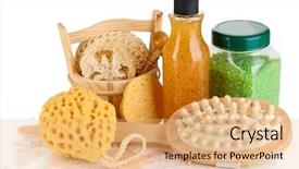  Presentation with cosmetics - Amazing PPT layouts having brush and cosmetics for shower backdrop and a coral colored foreground