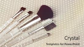  Presentation with brushes makeup - Amazing PPT theme having brushes for makeup on grey background backdrop and a soft green colored foreground