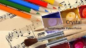  Presentation with music teal color - Audience pleasing PPT theme consisting of brushes on the musical notes backdrop and a coral colored foreground