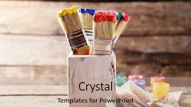  Presentation with colorful - Audience pleasing presentation design consisting of brushes with colorful paints backdrop and a coral colored foreground