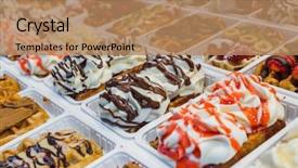  Presentation with belgian food - Audience pleasing slides consisting of brussels - belgian waffles in bakery backdrop and a coral colored foreground