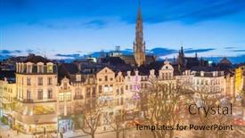  Presentation with town hall - Amazing presentation theme having brussels-belgium-plaza-and-skyline backdrop and a coral colored foreground