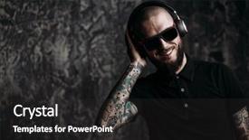  Presentation with music headphones - Presentation theme enhanced with brutal bearded man wearing sunglasses background and a dark gray colored foreground