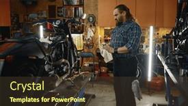 Presentation with motorcycle engine - PPT theme enhanced with brutal-biker-wiping-his-hands background and a tawny brown colored foreground