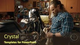  Presentation with motorcycle engine - Presentation design having brutal-biker-wiping-his-hands background and a tawny brown colored foreground