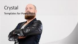  Presentation with old wite man and his music - Slide deck featuring brutal man with arms folded background and a light gray colored foreground