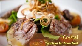  Presentation with tenderloin - Audience pleasing slide set consisting of brutus salad with beef tenderloin served on a plate backdrop and a tawny brown colored foreground