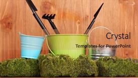  Presentation with gardening tools on fertile soil - PPT layouts having bryophytes - green moss and bucket background and a coral colored foreground