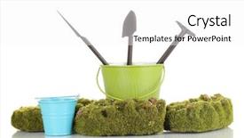  Presentation with gardening tools on fertile soil - PPT theme consisting of bryophytes - green moss and buckets background and a  colored foreground