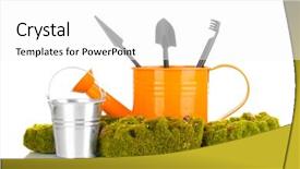  Presentation with gardening tools on fertile soil - Audience pleasing slide set consisting of bryophytes - green moss and watering can backdrop and a  colored foreground