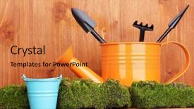  Presentation with gardening tools on fertile soil - Audience pleasing PPT theme consisting of bryophytes - green moss and watering can backdrop and a gold colored foreground