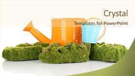  Presentation with white green - Audience pleasing PPT theme consisting of bryophytes - green moss with watering can backdrop and a cream colored foreground