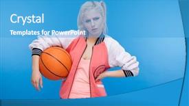  Presentation with female - Audience pleasing PPT theme consisting of bsketball ball over blue backgorund backdrop and a teal colored foreground