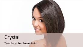  Presentation with bob hairstyle - PPT theme having btob - cute smiling young woman background and a soft green colored foreground