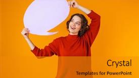  Presentation with cheerful stylish city girl using - Slide deck enhanced with bubble with copyspace while standing background and a gray colored foreground