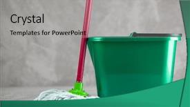  Presentation with cleaning the school - Cool new slide set with bucket - cleaning supplies on grey background backdrop and a light gray colored foreground