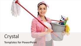  Presentation with holding bucket while water droplet - PPT theme consisting of bucket filled with cleaning background and a white colored foreground