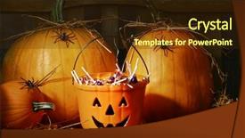  Presentation with halloween candy - Presentation theme consisting of bucket filled with halloween candy and pumpkins background and a wine colored foreground