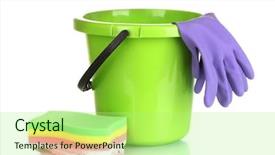  Presentation with cleaning agents - Slides featuring bucket gloves and sponge background and a mint green colored foreground