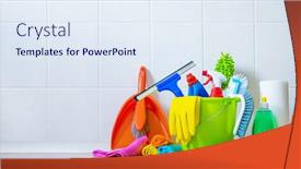  Presentation with cleaning - PPT theme having bucket-of-cleaning-supplies background and a sky blue colored foreground