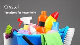  Presentation with cleaning - Slide set featuring bucket of cleaning supplies on a grey background background and a gray colored foreground
