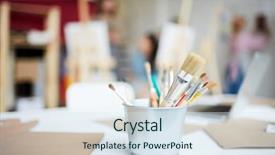  Presentation with bunch - Presentation design enhanced with bucket with bunch of paintbrushes background and a sky blue colored foreground