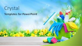  Presentation with cleaning - Cool new PPT theme with bucket-with-cleaning-items backdrop and a arctic colored foreground
