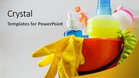  Presentation with bucket list adventure dreams goals - Cool new PPT theme with bucket with cleaning items on light background backdrop and a light gray colored foreground